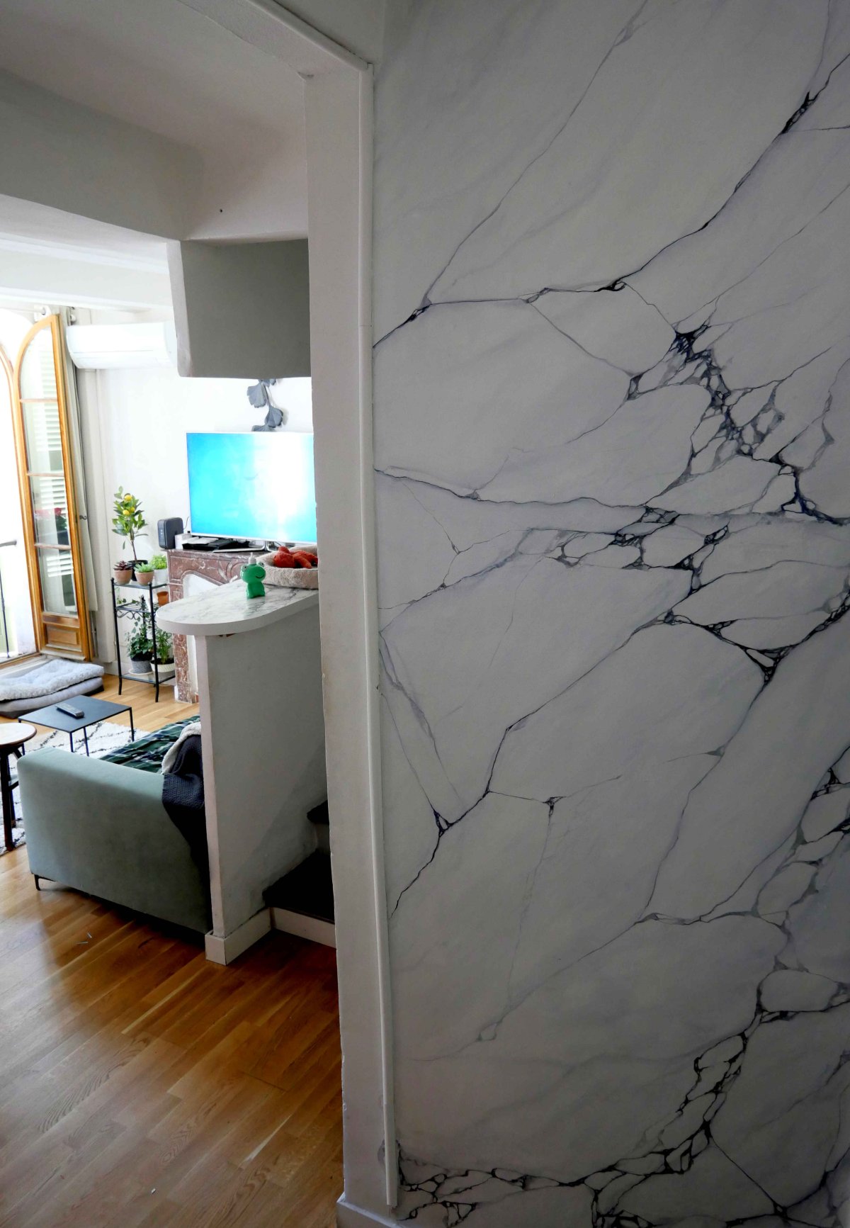 Mur peint blanc de Carrare Marbre blanc de Carrare, peint dans un salon